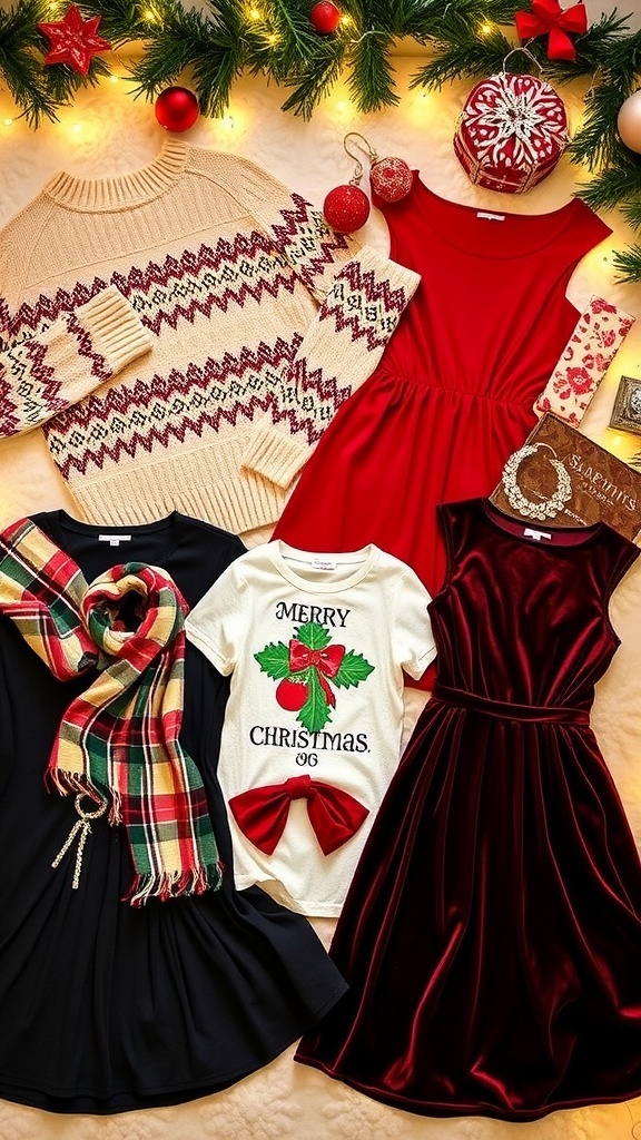 A collection of Christmas outfits including sweaters, dresses, and accessories on a festive background.